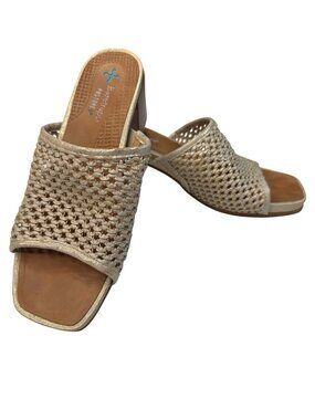 Baretraps Brenda Posture Block-Heel Slide Sandals Woven Gold Size 6